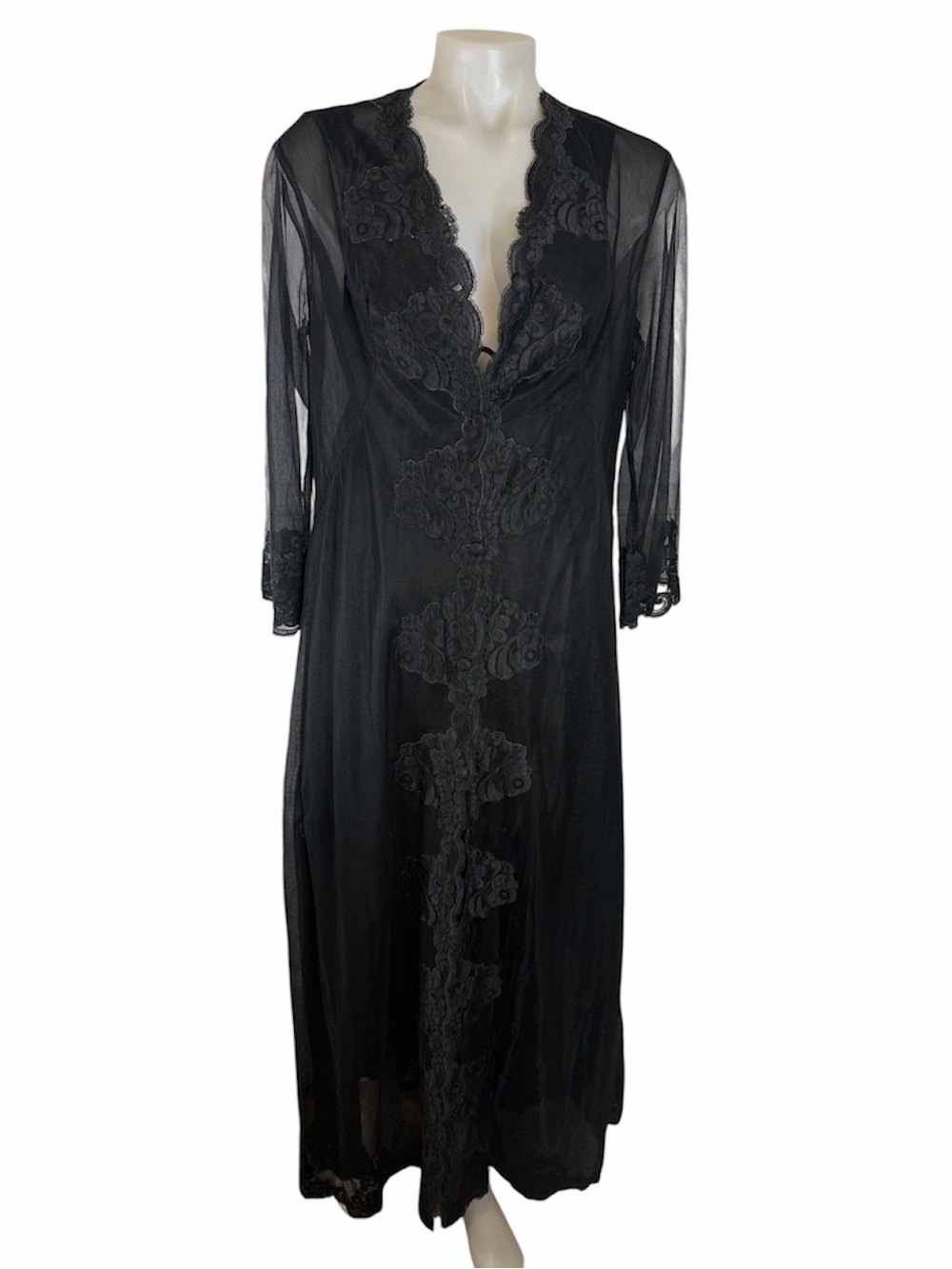 Vintage Venus de Paris black sheer lace Peignoir robe nightgown set size 44 (12)